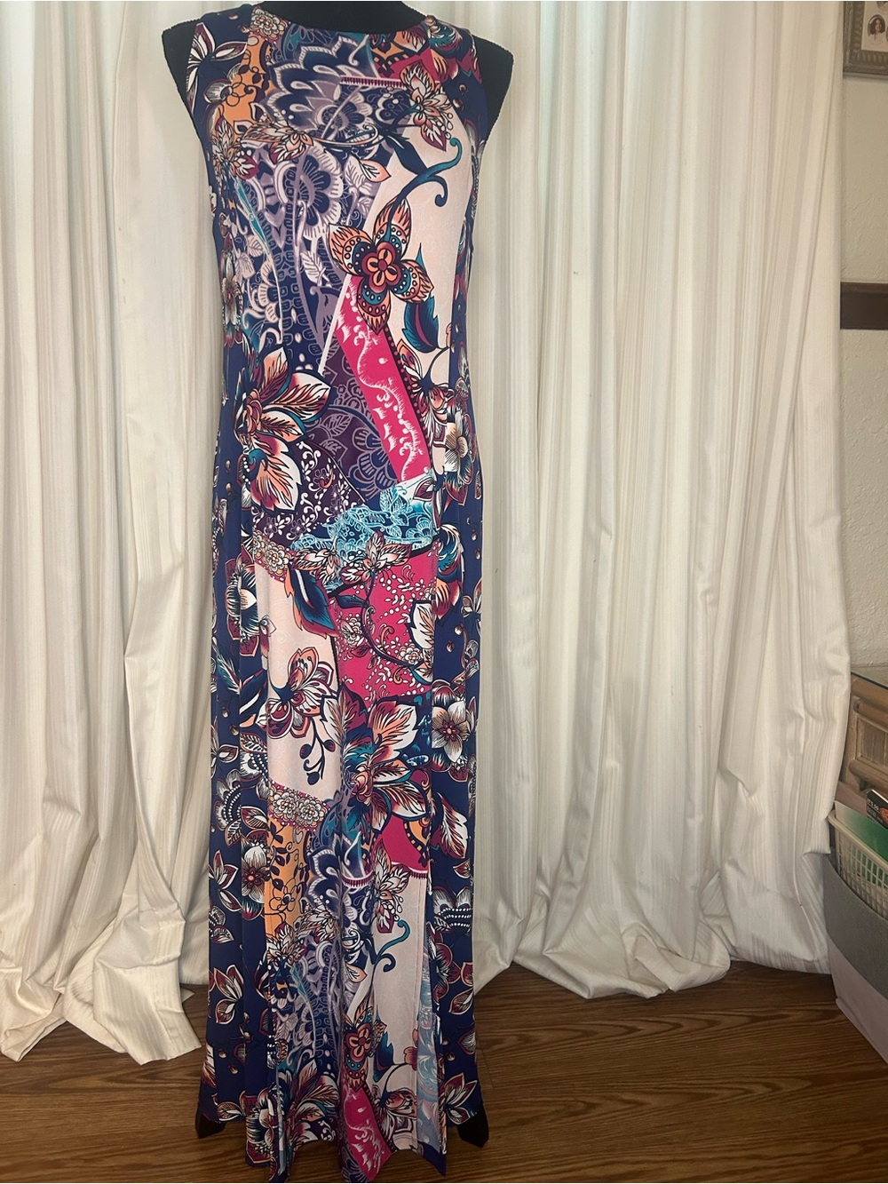 Chico's Floral Patchwork Navy Pink Maxi Dress